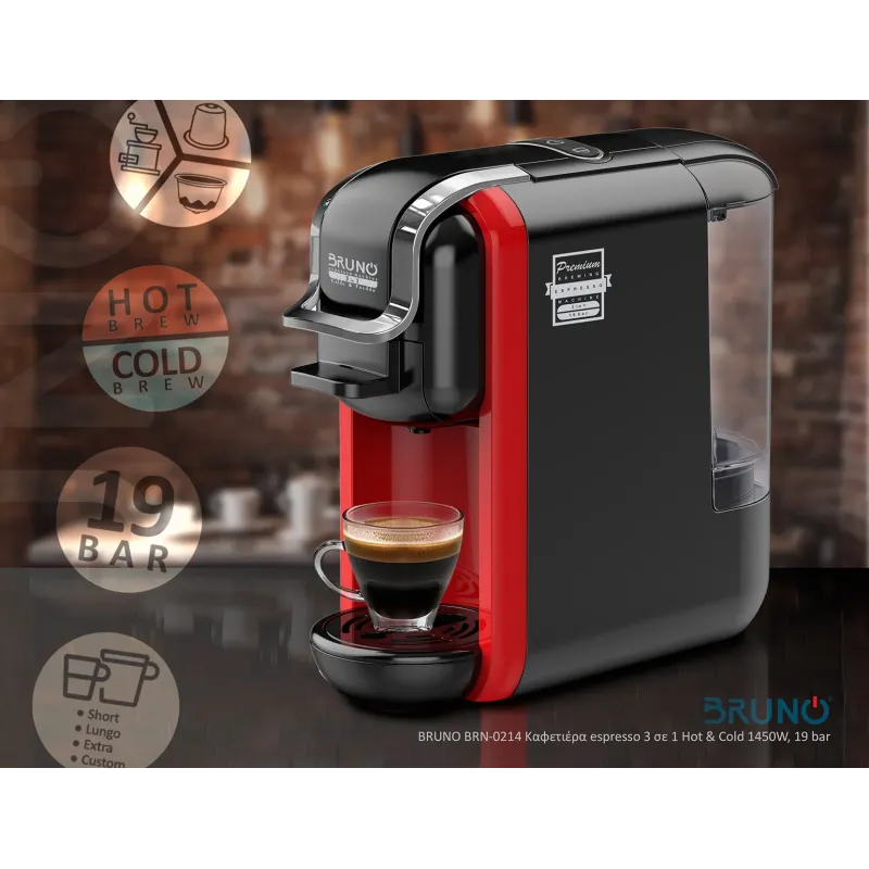 Bruno BRN-0214 Καφετιέρα espresso 3 σε 1 Hot & Cold 1450W, 19 bar, μαύρη